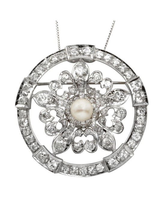 Diamond and Pearl Brooch Pendant in Platinum